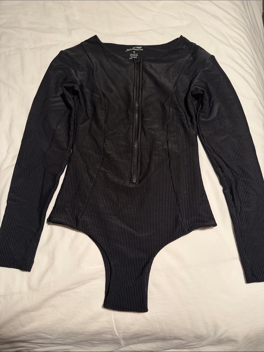 Black Long-Sleeve Ribbed One-Piece Swimsuit
